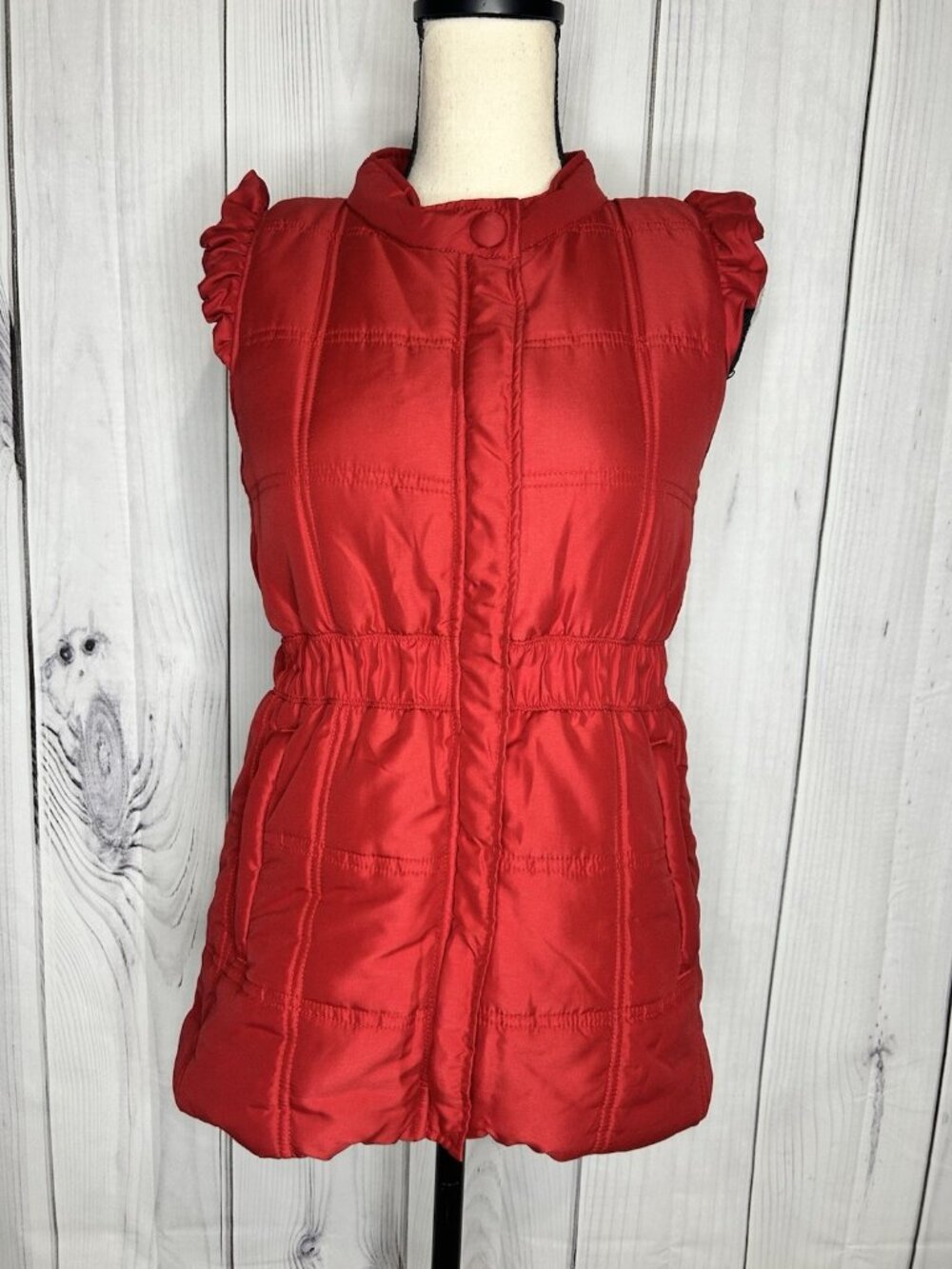 Tulle Anthropologie Red Quilted Ruffle Sleeve Full Zip Snap Vest Jacket Sz M